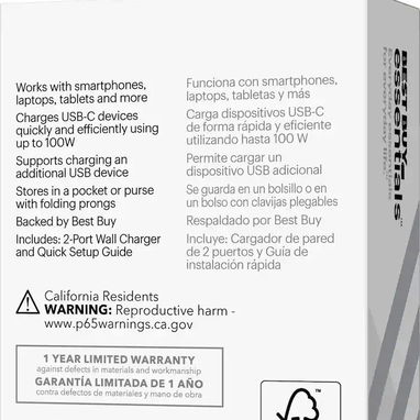 ⚡ CARGADOR BEST BUY ESSENTIALS 100W USB-C + USB-A 2 PUERTOS PLEGABLE – ENVÍO DISPONIBLE + GARANTÍA - 7/9