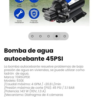 Bomba de agua autocebante 45PSI. Incluye: 1 Filtro de agua roscado , adaptadores 1/2" y 1 rollo de teflon - 5/6