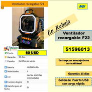 Ventilador recargable F22 (40000 mAh)- 75 USD... 51596013...Transporte costo adicional..Garantia 15 dias (MV-812) - Img 56772344