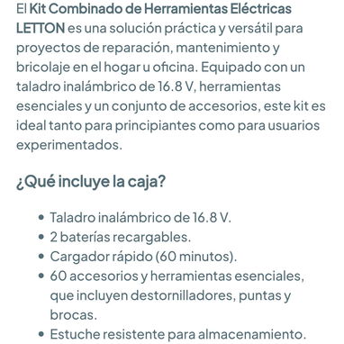 Kit combinado de herramientas eléctricas LETTON 🌐 Taladro inalámbrico, barrenas, pinzas, destornilladores y brocas - 5/5