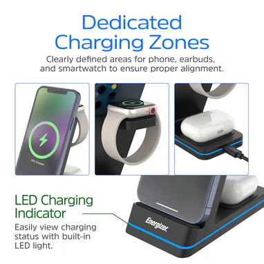 CARGADOR INALÁMBRICO ENERGIZER 3 EN 1 QI 15W RGB IPHONE AIRPODS APPLE WATCH ENVÍO DISPONIBLE + GARANTÍA - 7/10