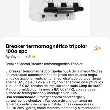 Breaker termomagnético unipolar 40A/ doble 32A/tripolar 100A - 3/3
