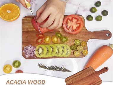 Tabla de cortar pequeña de madera de doble cara y tabla de cortar con mango para frutas, verduras, pan, pizza, carne, qu - Img 69044577