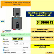 (MV-907) Kit Infinisolar Inversor 3kw+bateria 5Kwh ..2950 USD...Gar. 1 m(Sube a 6 con la Instalac)/Tpte lugares cercanos - Img 57500139