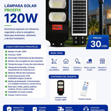 🔆 Lámpara Solar LED, con Panel integrado. Proefix 120W. Hasta 12 horas de autonomía. - Img 124051811