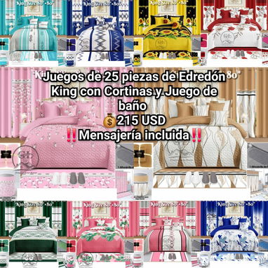 🔖Juegos de 24 y 25 piezas de Edredón Cameros, Queen y King con Cortinas y Juego de baño - 5/6