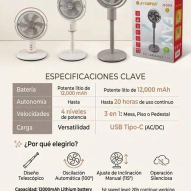 Ventilador Recargable JAYSUPER 12" 12000 mAh Se puede ajustar a 3 tamaños Precio: 75 usd 1 mes de garantía - Img 122694039