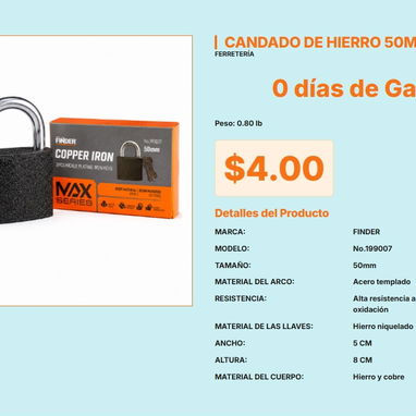 Candado de Hierro Macizo Finder No.199007: 50mm de Calidad Profesional VPT# -0418 - Img 122677853