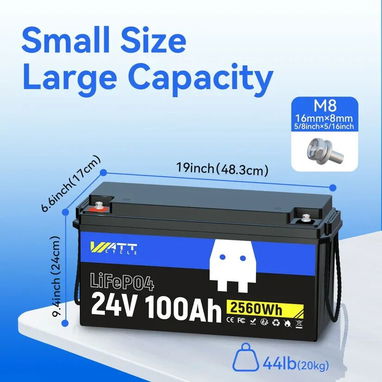 WattCycle Batería LiFePO4 24V 100Ah, 2560Wh, BMS 100A, Protección de Baja Temperatura y Conexión Escalable - 2/2