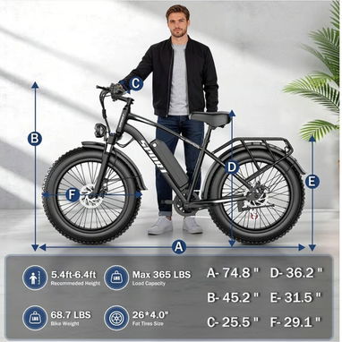 Bicicleta Eléctrica G29 1000W 2500W Peak 48V 25Ah 26 Fat Tire Negro 🔶 - 5/6