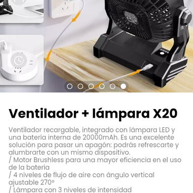 Ventilador + lámpara X20. Ventilador recargable, integrado con lámpara LED y una batería interna de 20000mAh. - Img 121348351