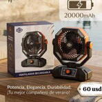 Ventilador F6 recargable con mando , luces , gira , gancho para colgar espectacular 20 mil Ampere - Img 55638183