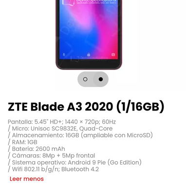ZTE Blade A3 2020 (1/16GB). Almacenamiento: 16GB (ampliable con MicroSD) - 2/2