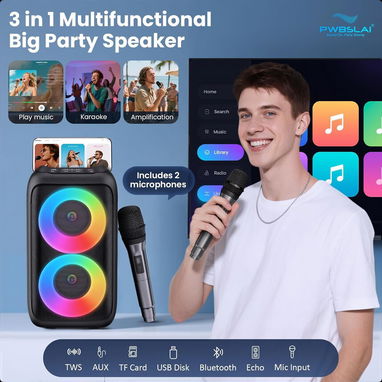 (X) PWBSLAI Altavoz Bluetooth Portátil con 2 Micrófonos Inalámbricos – Altavoz de Fiesta con Luces LED $73.32 - Img 126576744