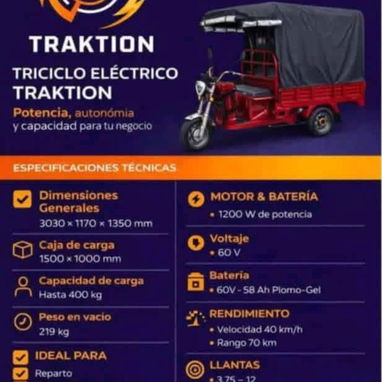 TRICICLO ELECTRICO TRAKTION  CARACTERÍSTICAS - Motor de 1200w - ⁠bateria de 60v x 58amp - ⁠capacidad de carga 400 kg - ⁠ - 4/6
