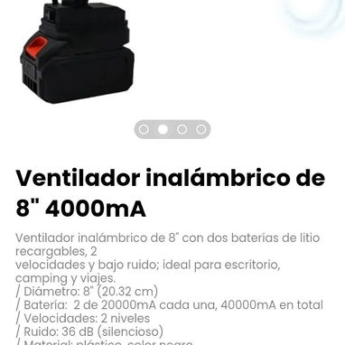 Ventilador inalámbrico de 8" 40 000mA. Batería:  2 de 20 000mA cada una, 40 000mA en total - 2/4