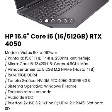 HP 15.6" Core i5 (16/512GB) RTX 4050. Modelo: Victus 15-fa1082wm.NVIDIA RTX 4050 GDDR6 6GB. Nueva con garantía - Img 106838820