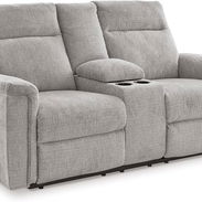 Asiento Reclinable Doble con Portavasos tapizado en tela damasco gris claro con respaldo y apoyabrazos acolchados - Img 57800590