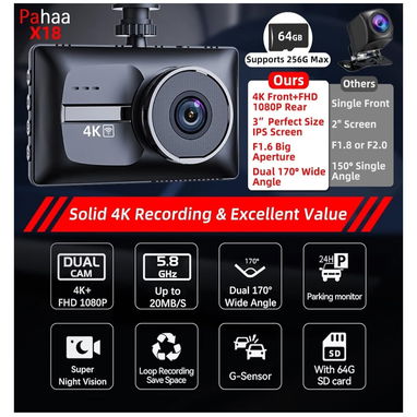 Cámara de tablero dual 4K+1080P para automóviles, WiFi de 5.8 GHz hasta 20 MB/s, visión nocturna WDR, IPS de 3 pulgadas - 2/4