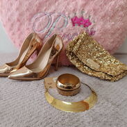 💥Conjunto de lujo para chicas: vestido, tacones, cartera y accesorios dorados todos. - Img 45395527