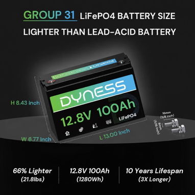 Kit 🔋 BATERÍA DYNESS LiFePO₄ , 12,8 V, 100 A ✅ Energía almacenada: 1,28 kWh + Cargador Inteligente  12V 15A - 3/9
