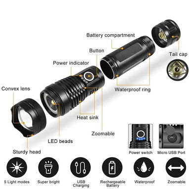🔦 Linterna LED Recargable de Alta Potencia 💥 5 Modos | Zoom Ajustable | USB | Resistente al Agua | Camping, Emergencia - Img 106928029