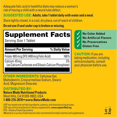 Ácido Fólico 400mcg (Nature Made · 250 tabletas) - 5/9