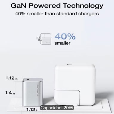 EF ECOFLOW Cargador USB C Rápido de 20W GaN con Cable, Enchufe de Carga Rápida Tipo C Compatible con iPhone 15/15 Pro/14 - Img 127359832