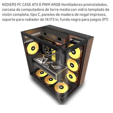 KEDIERS PC CASE ATX 6 PWM ARGB Ventiladores preinstalados, carcasa de computadora de torre media con vidrio templado de - Img 122550207