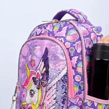 🦄🎒SET DE MOCHILA DE RUEDITAS✨DISEÑO DE UNICORNIO DE LENTEJUELAS MÁGICAS 🎁RECIBE POMO DE REGALO🇺🇲ALTA GAMA - 3/8