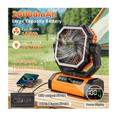 Ventilador recargable  Portátil Givryes Camping Fan de 20000 mAh con control remoto y luz LED - 2/3