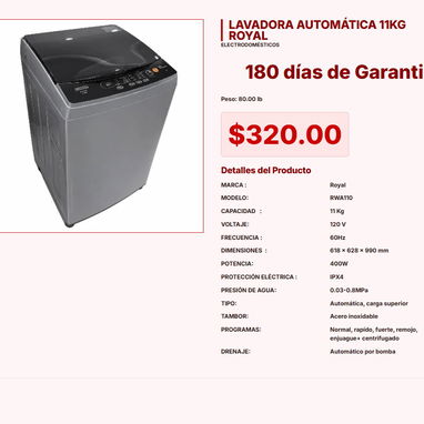 LAVADORA AUTOMÁTICA ROYAL 9KG, LAVADORA AUTOMÁTICA 8 KGS MILEXUS, LAVADORA AUTOMÁTICA 11KG ROYAL - 3/7