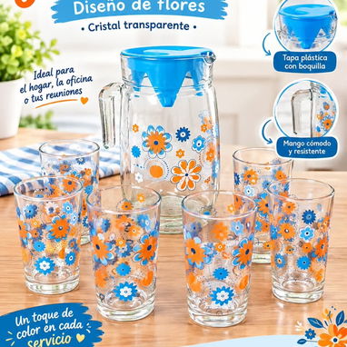 Juego de jarra con 6 vasos de cristal. ✅💔🎂💜 - 2/3