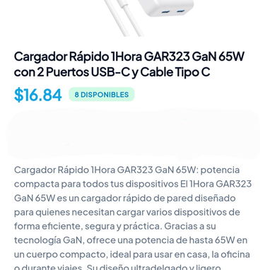 Cargador Rápido 1Hora GAR323 GAn 65W con 2 Puertos USB-C y Cable Tipo C. - Img 127869145