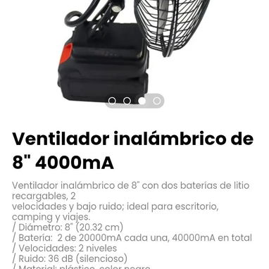 Ventilador inalámbrico de 8" 40 000mA. Batería:  2 de 20 000mA cada una, 40 000mA en total - 3/4