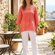 Blusa Bordada de Lino Tono Coral Encantador Talla L 13 - Img 55816030