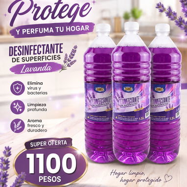 Desinfectante de superficies de 1.5 litros de olor silvestre ,lavanda y brisa del mar - 2/3