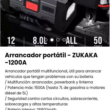 Arrancador portátil - ZUKAKA -1200A. Multifunción: arrancador, powerbank y linterna. Nuevo - 2/2