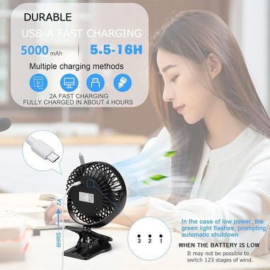 Ventilador Portátil con Clip 🔌 USB Recargable 🌬️ 3 Velocidades Silencioso 🔄 Rotación 360° para Cochecito, Cuna y Hoga - 2/7