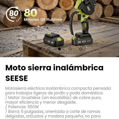 Moto sierra inalámbrica SEESE. Batería: incluye 2 baterías de 21V, con autonomía de hasta 80 minutos - 3/5