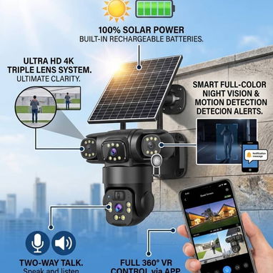Cámara de vigilancia con panel solar. Triple lente 4k, mensajería y configuración disponible. No necesita internet - Img 122511217