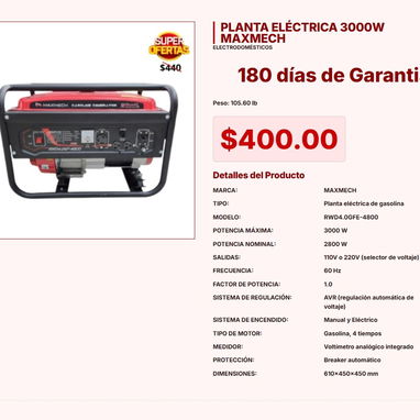 Planta Eléctrica Hollfill FW4500iS de 3600W por 700 Dólares Netos VPT#-0247 - Img 120976404
