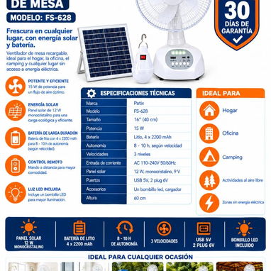 Ventilador Recargable de Mesa PATIX FS-628 con Panel Solar - 2/2