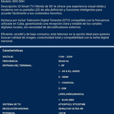 Televisor Smart TV de 50" pulgadas marca EKO con cajita digital incluida + soporte de pared 🔷️ $445 USD - 2/2