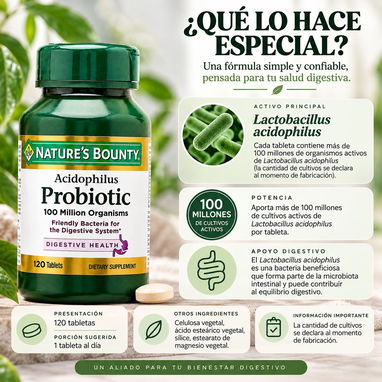 🌿 PROBIÓTICO ACIDOPHILUS DIGESTIVO — NATURE’S BOUNTY - 4/5