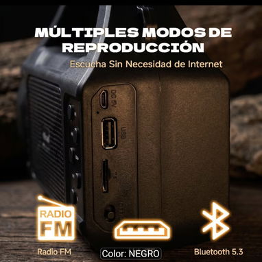 Bocina inalámbrica con Carga Solar, linterna LED 4 Modos. Radio FM, Bluetooth, USB, Tarjeta Micro sd, mas batería de 120 - 8/8