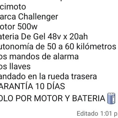 Se vende✅Tus Bici moto🛵Marca Challenger Motor 500w Batería de gel 48v x 20ah Autonomía de 50 a 60 kilómetros - Img 123739554