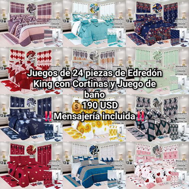 🔖Juegos de 24 y 25 piezas de Edredón Cameros, Queen y King con Cortinas y Juego de baño - 4/6