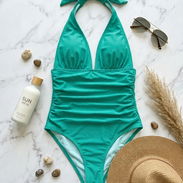 Trusa de una pieza color verde esmeralda con cuello halter y diseño drapeado - 18 USD TALLA S - Img 55415152