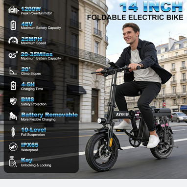 Bicicleta Eléctrica Plegable 14" 1200W 24MPH Batería 48V 10Ah Suspensión y Frenos de Disco - 3/5
